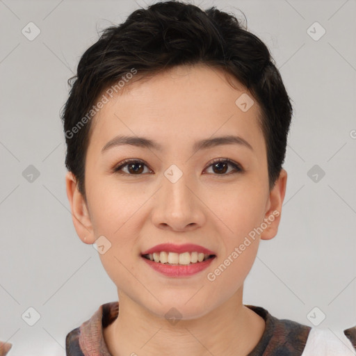 Joyful asian young-adult female with short  brown hair and brown eyes