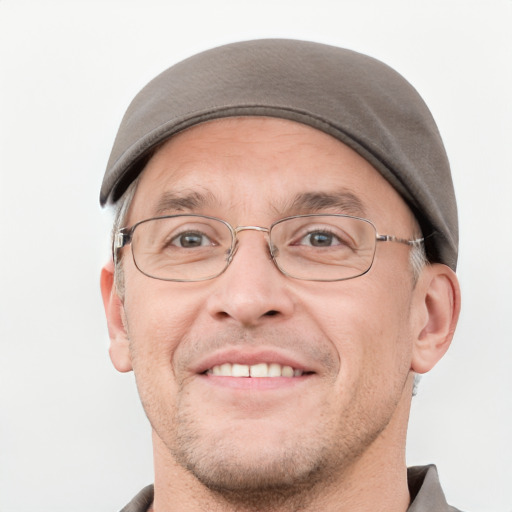 Joyful white adult male with short  brown hair and grey eyes