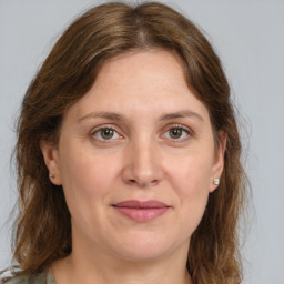 Joyful white adult female with medium  brown hair and grey eyes