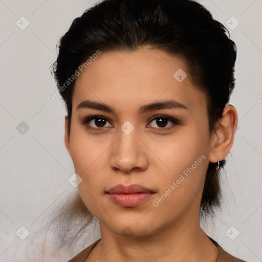 Neutral latino young-adult female with medium  brown hair and brown eyes