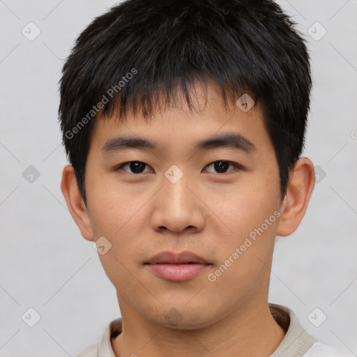 Neutral asian young-adult male with short  black hair and brown eyes