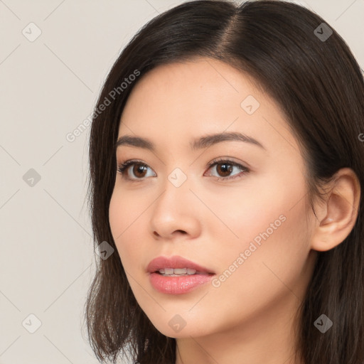 Neutral white young-adult female with long  brown hair and brown eyes