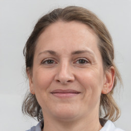 Joyful white adult female with medium  brown hair and grey eyes