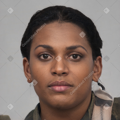 Neutral black young-adult female with short  brown hair and brown eyes