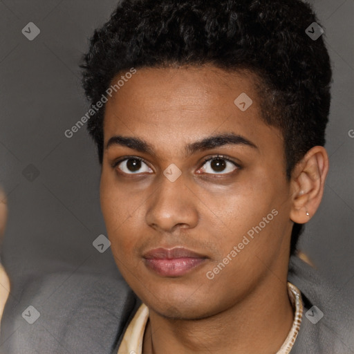 Neutral black young-adult male with short  black hair and brown eyes