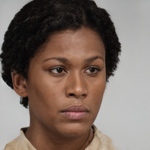 Neutral black young-adult female with short  brown hair and brown eyes