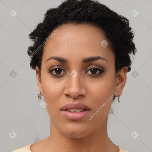 Joyful latino young-adult female with short  black hair and brown eyes