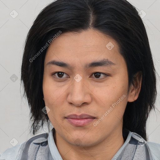Joyful asian young-adult female with medium  black hair and brown eyes