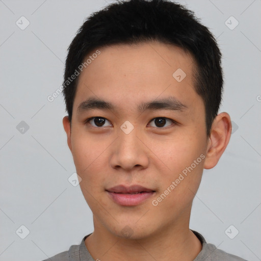 Neutral asian young-adult male with short  brown hair and brown eyes