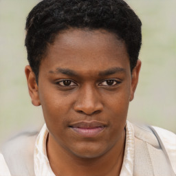 Joyful black young-adult male with short  brown hair and brown eyes