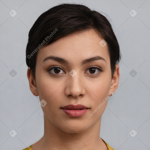 Neutral white young-adult female with short  brown hair and brown eyes