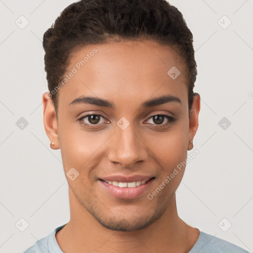 Joyful white young-adult female with short  brown hair and brown eyes