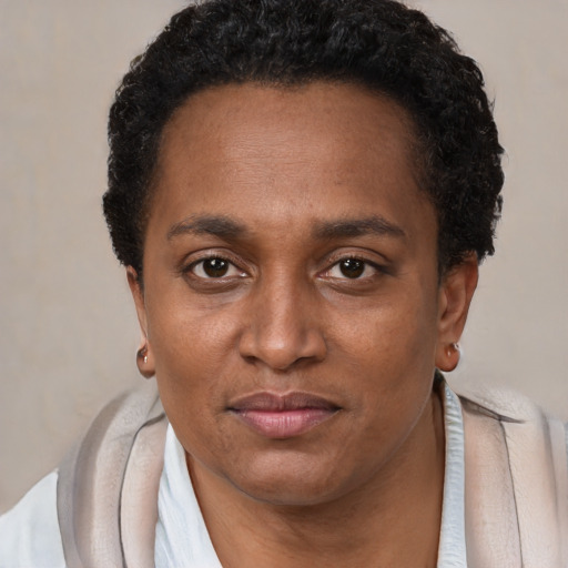 Neutral black adult female with short  black hair and brown eyes