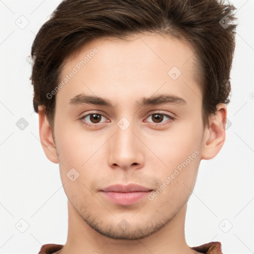 Neutral white young-adult male with short  brown hair and brown eyes