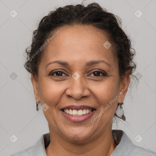 Joyful white adult female with short  brown hair and brown eyes