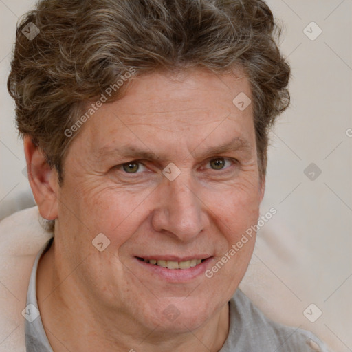 Joyful white middle-aged male with short  brown hair and brown eyes