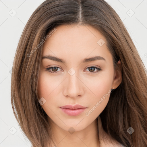 Neutral white young-adult female with long  brown hair and brown eyes