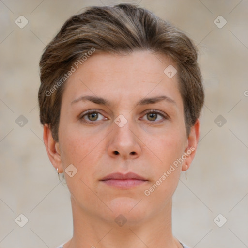 Neutral white young-adult female with short  brown hair and brown eyes