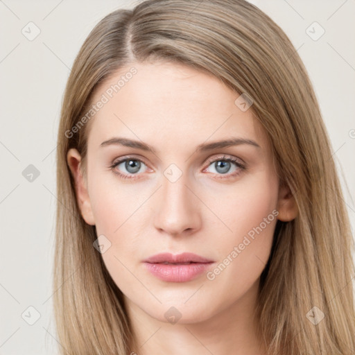 Neutral white young-adult female with long  brown hair and grey eyes