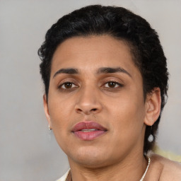 Neutral latino young-adult female with short  black hair and brown eyes