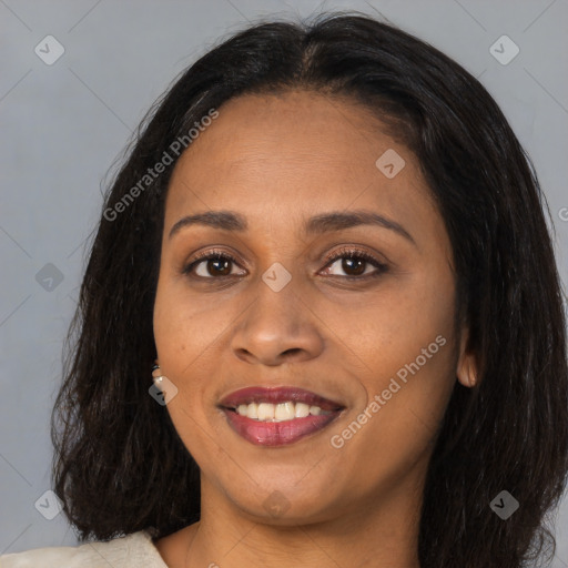 Joyful black young-adult female with medium  brown hair and brown eyes