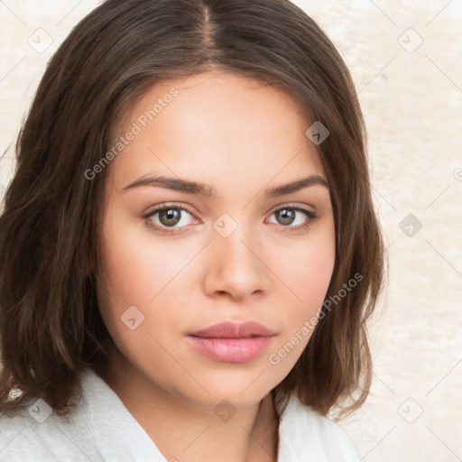 Neutral white young-adult female with medium  brown hair and brown eyes