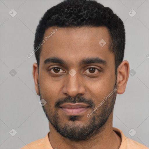 Neutral black young-adult male with short  black hair and brown eyes
