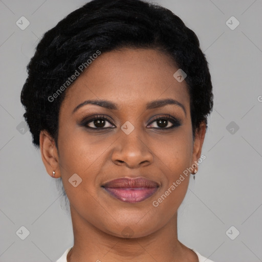 Joyful latino young-adult female with short  black hair and brown eyes