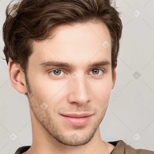 Neutral white young-adult male with short  brown hair and grey eyes