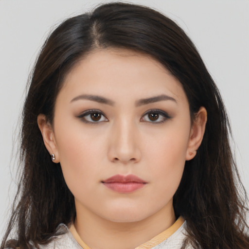 Neutral asian young-adult female with long  brown hair and brown eyes