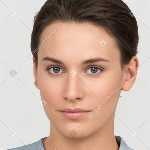 Neutral white young-adult female with short  brown hair and brown eyes