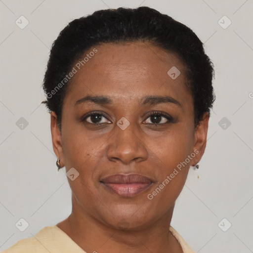 Joyful black young-adult female with short  black hair and brown eyes