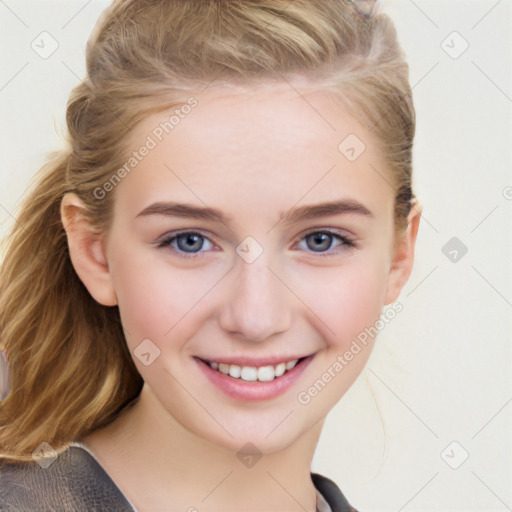 Joyful white young-adult female with long  brown hair and blue eyes