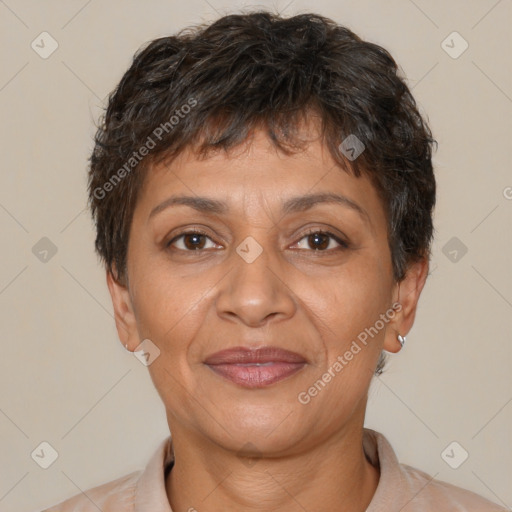 Joyful white adult female with short  brown hair and brown eyes