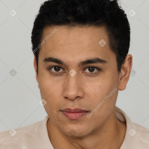 Neutral latino young-adult male with short  black hair and brown eyes