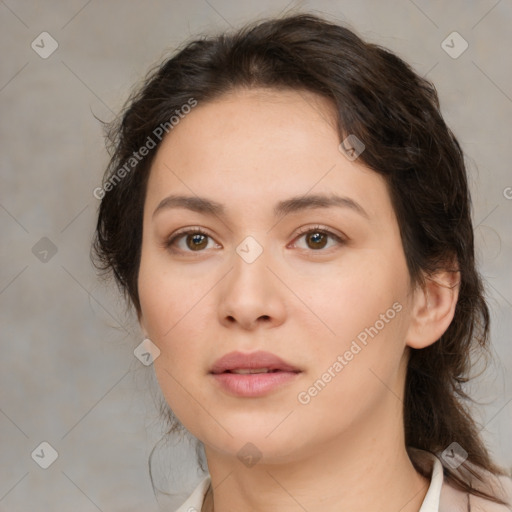 Neutral white young-adult female with medium  brown hair and brown eyes