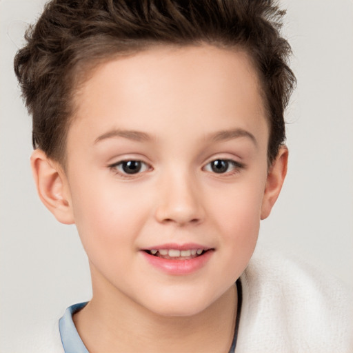 Joyful white child female with short  brown hair and brown eyes