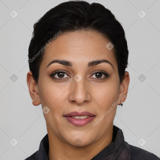 Joyful latino young-adult female with short  brown hair and brown eyes