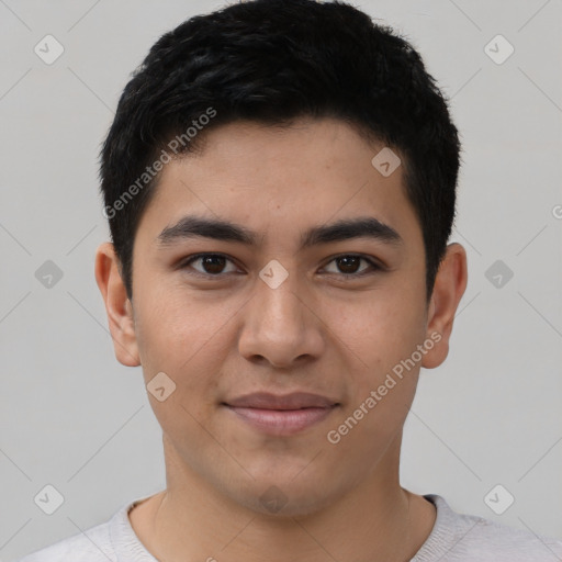 Joyful asian young-adult male with short  black hair and brown eyes