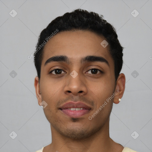 Neutral latino young-adult male with short  black hair and brown eyes