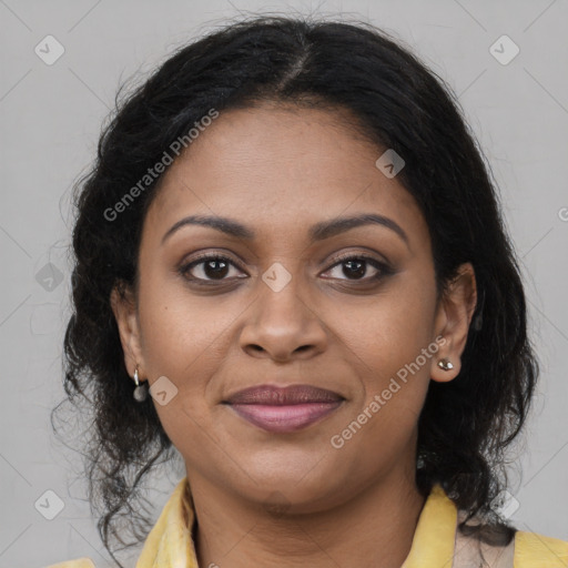 Joyful black young-adult female with medium  brown hair and brown eyes