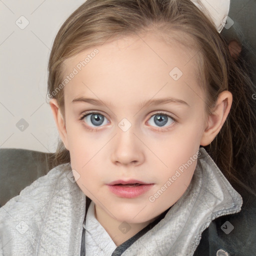 Neutral white child female with medium  brown hair and blue eyes