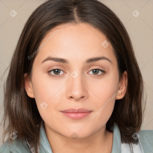 Neutral white young-adult female with medium  brown hair and brown eyes