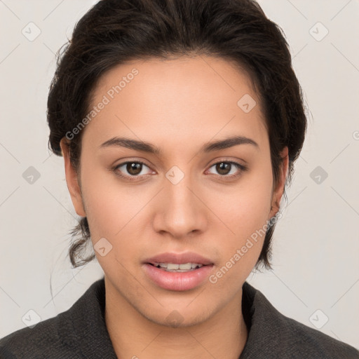 Neutral white young-adult female with short  brown hair and brown eyes