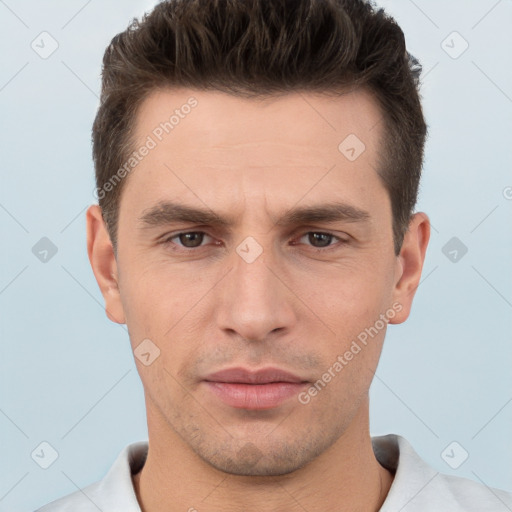 Neutral white young-adult male with short  brown hair and brown eyes