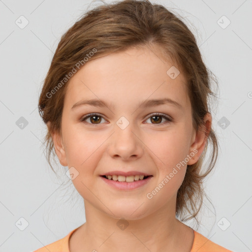 Joyful white child female with medium  brown hair and brown eyes