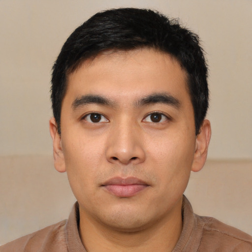 Neutral asian young-adult male with short  black hair and brown eyes