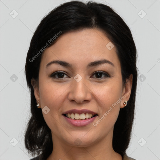 Joyful white young-adult female with medium  brown hair and brown eyes