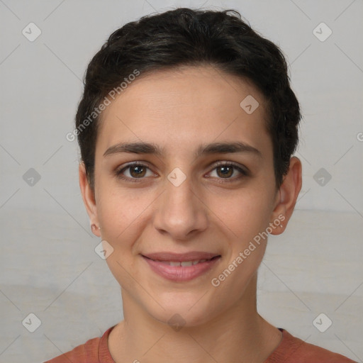 Joyful white young-adult female with short  brown hair and brown eyes