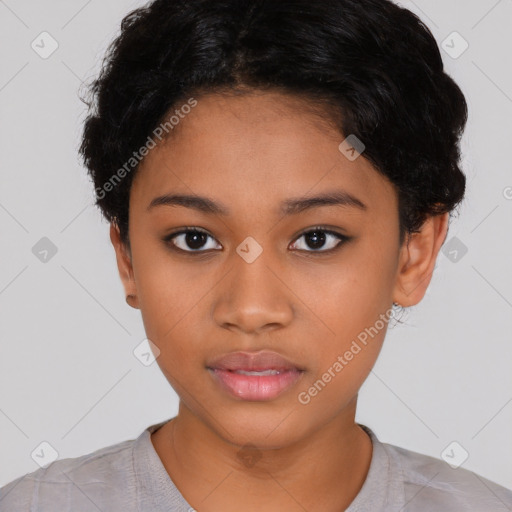 Joyful latino young-adult female with short  black hair and brown eyes